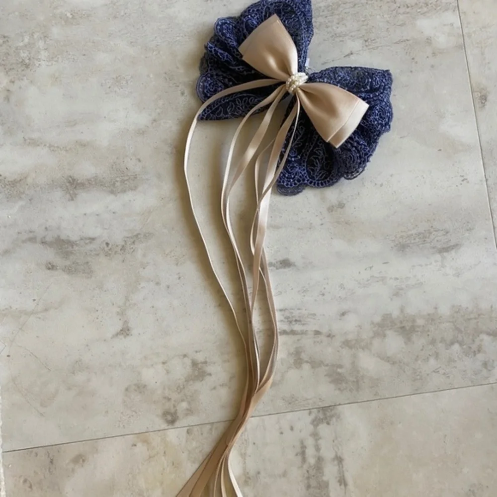 Anthropologie Blue Satin Lace Bow Barrette